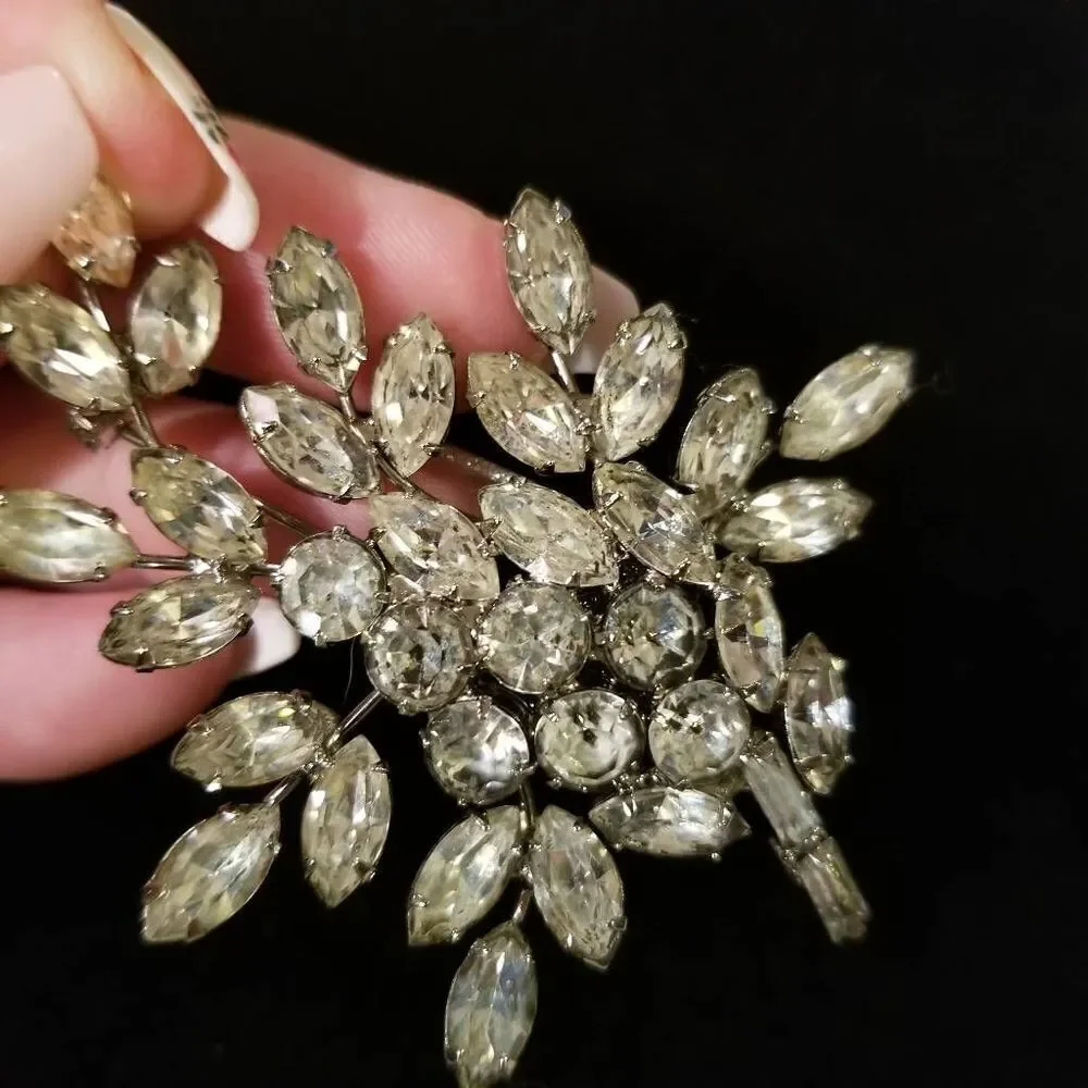 Vintage Clear Rhinestone Brooch Pin Leaf Cluster